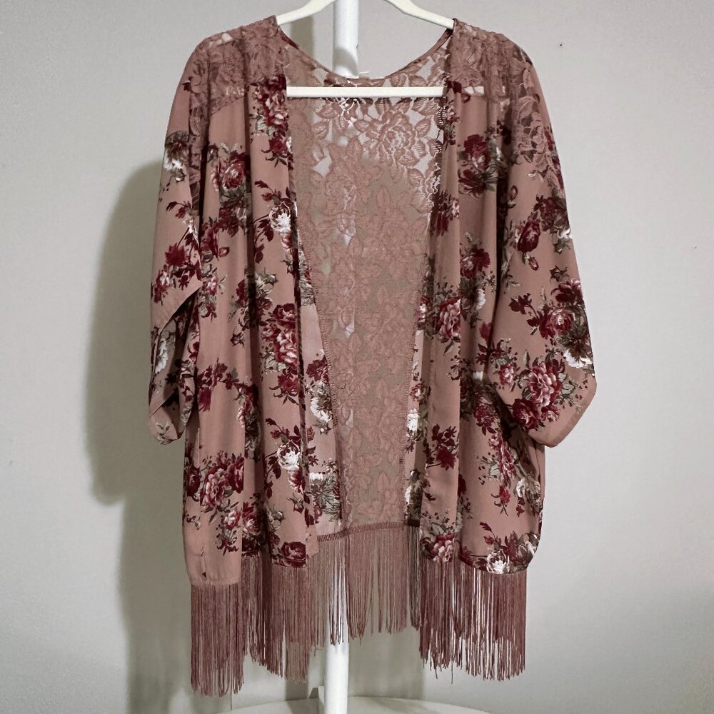 Open Front Cardigan Flyaway with Lace and Fringe